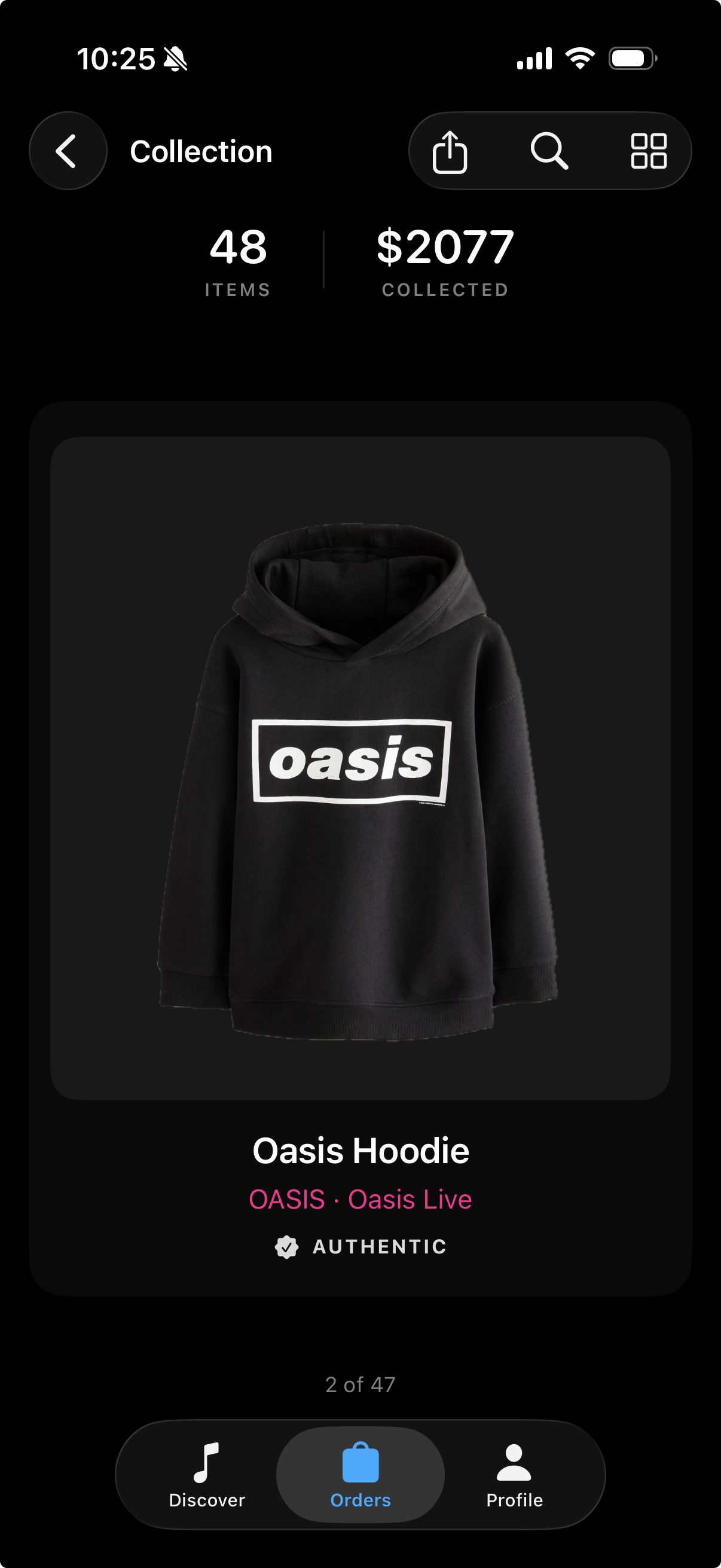 MerchFiend collection screen showing a verified Oasis hoodie in the user's collection