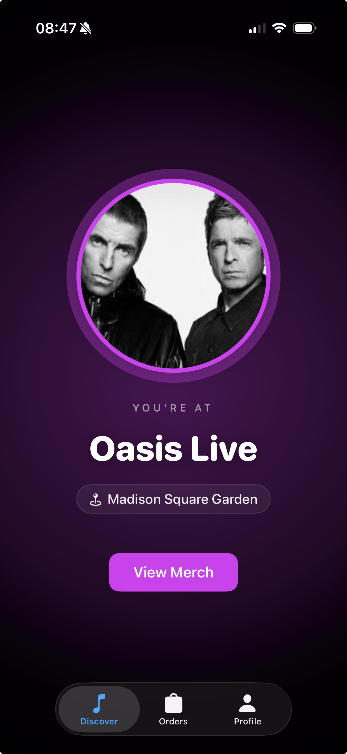 MerchFiend event discovery screen showing Oasis Live unlocked at Madison Square Garden