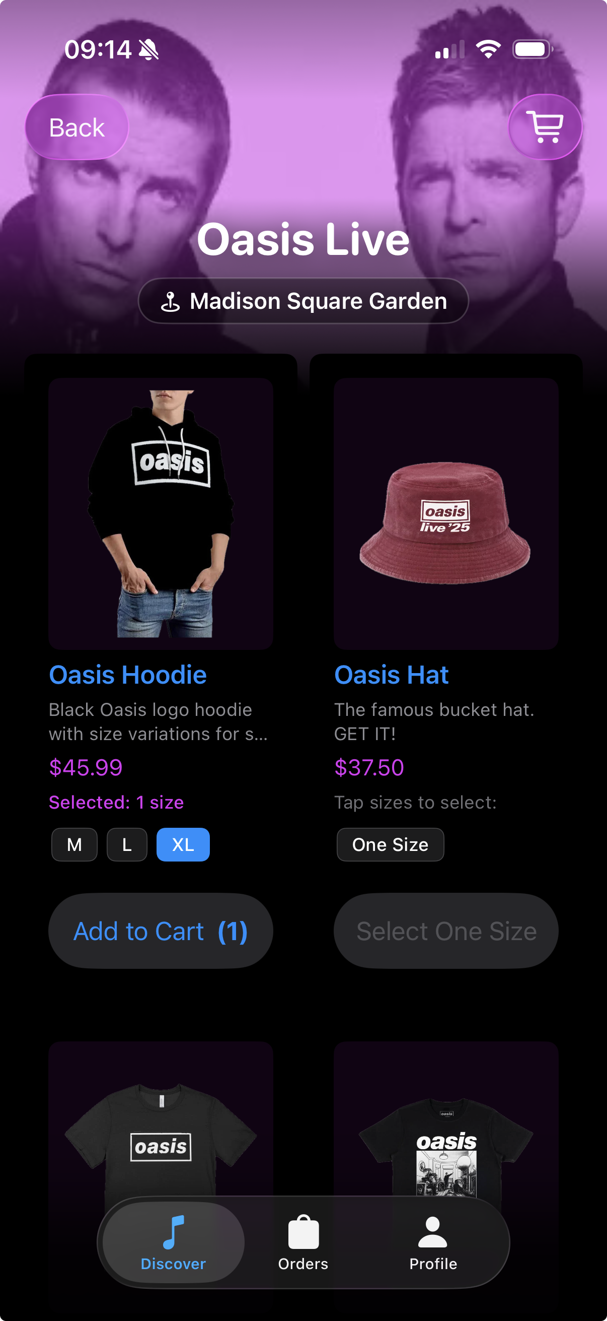 MerchFiend merch browsing screen showing Oasis products and add to cart controls