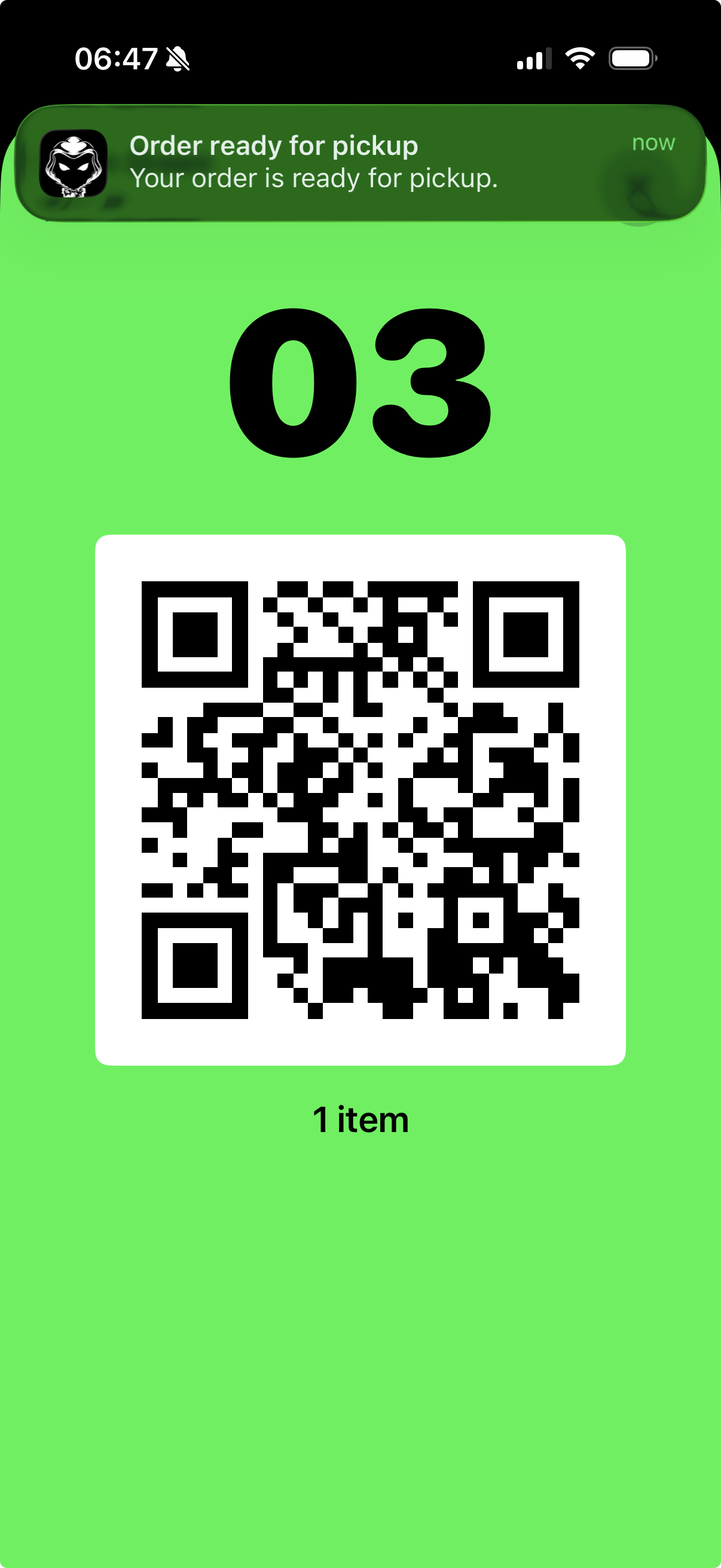 MerchFiend pickup code screen showing QR code and neon green bin assignment